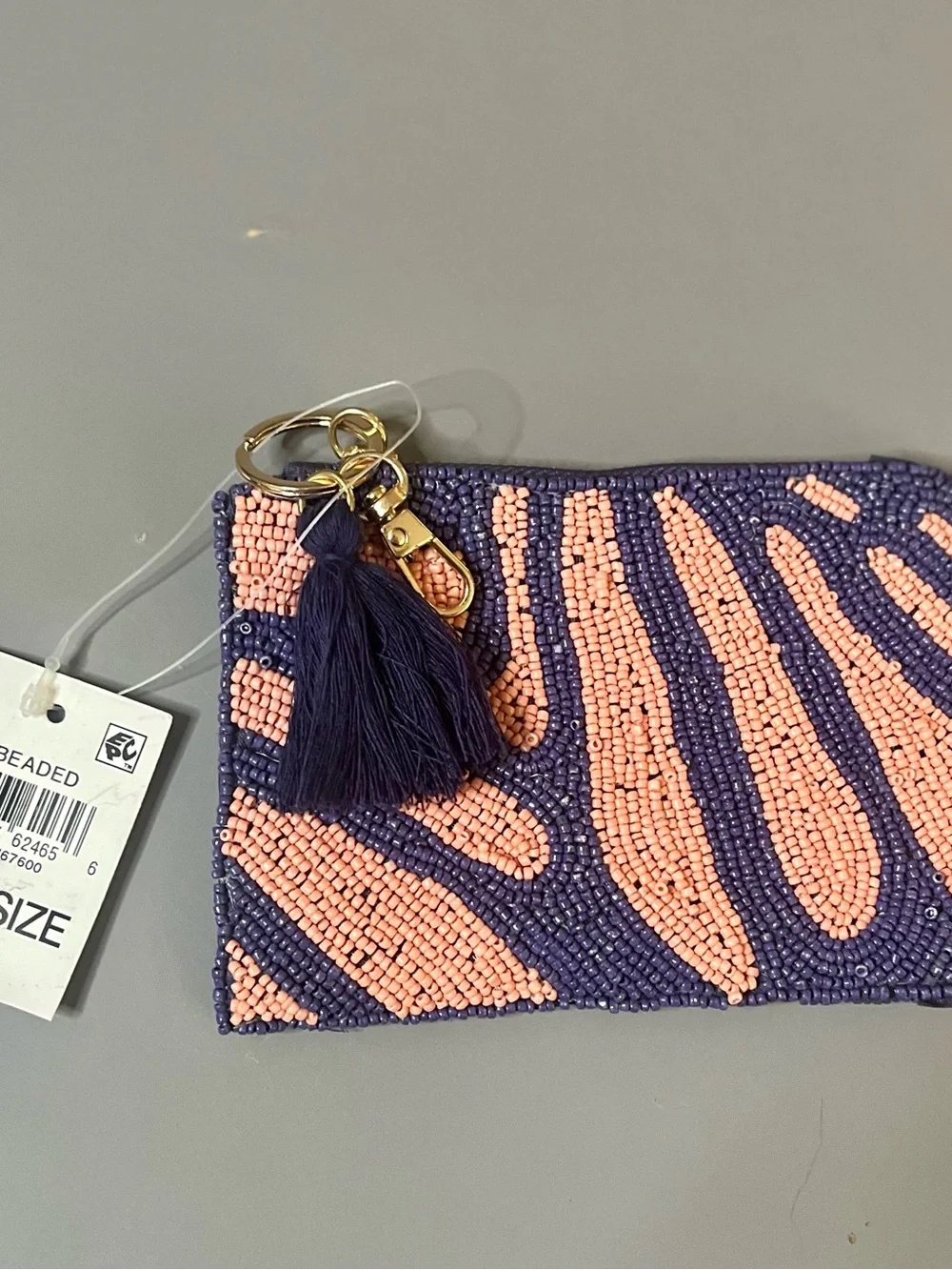 On 34th Beaded Coin Pouch Navy Pink Zebra Print NWT Tassel Keychain